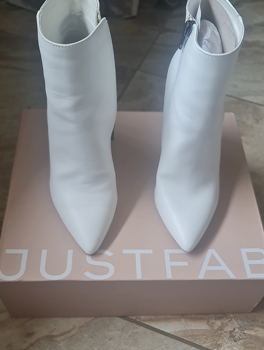 JustFab White Pointed Toe Ankle Heeled Boots